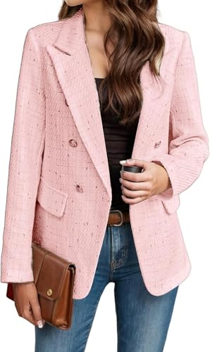Suncadmious Blazer in Tweed da Donna a Maniche Lunghe Con Risvolto Doppiopetto Elegante da Ufficio Business Casual (Rosa, L)