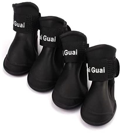 4 Piezas Zapatos Perro Botas, Botas de Silicona Impermeables para Perros, Antideslizante Protectores Perro Cómodos Zapatos Suave, Zapatos para Perros con Protección de Silicona (9 cm × 7 cm, Negro)