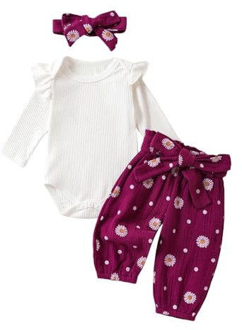Xeadoffubio Bébé Fille Fleurs Pantalon Set Daisy Ensemble De Vêtements Bébé Manches Longues Ruffles Body Barboteuse+Pantalon Marguerite+Bandeau Bébé Fille Printemps Automne Tenue