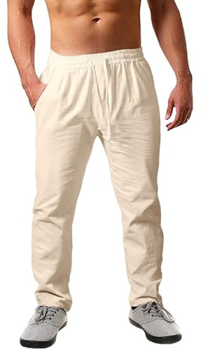 Cegerne Pantalones de Lino para Hombre Pantalón Holgado Casual de Verano Ligero para la Playa con Cordones, Beige-2, XXL