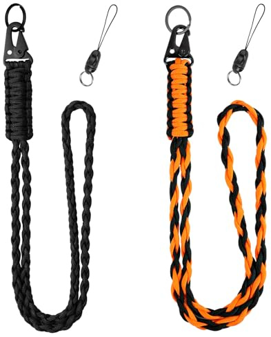 Vicloon 2pcs Paracord Lanyard, Neck Strap Badge Lanyards with Metal Key Rings and Lanyard Phone Ring Strap Lanyards for ID Badge Holder Keys Phone (Black+Orange)