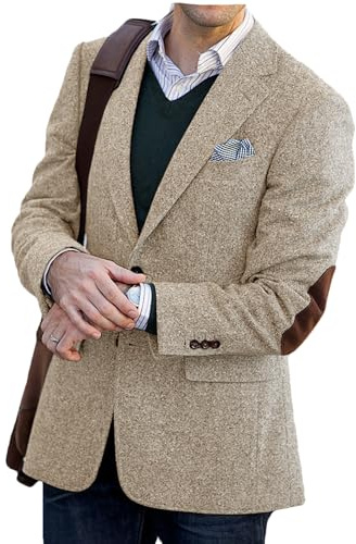 Men's Spring Tweed Blazer Academic Style Suit Jacket with Faux Suede Elbow Patches Man Smart Casual Vintage Sport Coat M A-Beige
