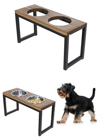 QLS Napfständer für Hunde aus Holz und Stahl 26,5 cm Doppel Futternapf 2X 09, L geflammt