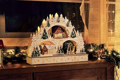 Piramide natalizia con candele a LED e funzione timer, decorazione natalizia, design in legno con scena invernale, arco luminoso illuminato