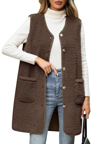 RITOSTA Chaleco Polar Mujer Invierno Largo Elegantes Chaquetas sin Mangas Ligero Abrigos Casuales Chaleco de Felpa Térmico Chaquetones Otoño Cálido Outwear con Botones(Café,M)
