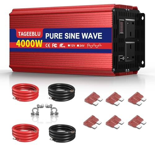 TAGEEBLU 4000W Pure Sine Wave Inverter, Power Inverter 12v to 240v with 2 AC Outlets, for Off-grid, RV, Boat, Camping, and Home