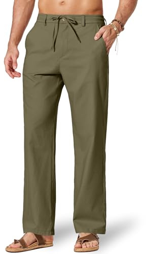 COOFANDY Men's Cotton Linen Trousers Summer Elasticated Waist Drawstring Pants Casual Beach Lightweight Trousers Olive Green M