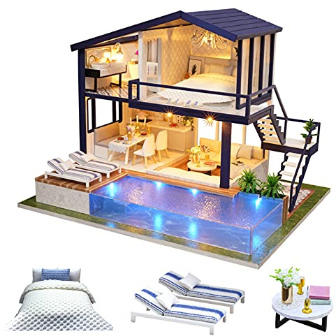 CUTEROOM DIY Miniature House Kits for Adult, Wooden Dolls House Handcraft Creative Room for Decoration, Model House Kit with Furniture- Swimming Pool