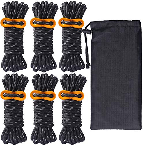 Hikeman 6 Pack 4mm Outdoor Guy Lines Tent Cords Lightweight Camping Rope with Aluminum Guylines Adjuster Tensioner Pouch for Tent Tarp, Canopy Shelter, Camping, Hiking, Backpacking