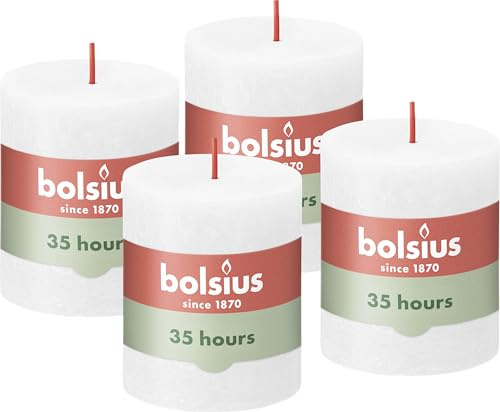 Bolsius Rustic Pillar Candle - Cloudy White - Pack of 4 - Long Burning Time of 35 Hours - Household Candle - Interior Decoration - Unscented - Natural Vegan Wax - No Palm Oil - 8 x 7 cm