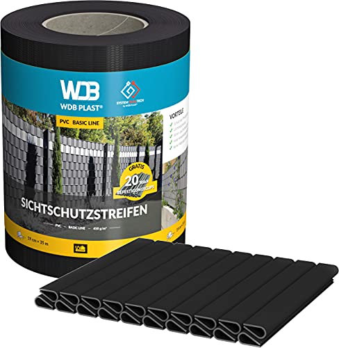 WDB - Sichtschutzstreifen für Doppelstabmatten Sichtschutz Zaun - 19 cm x 35 m + 20 Stück Befestigungsclips - PVC Windschutz Basic Line - Schwarz - RAL 9005