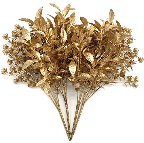 CATTREE Artificial Gold Plants for Christmas, Golden Leaves Plastic Faux Gypsophila Fake Simulation Baby Breath Flowers for Home Indoor Outdoor Wedding Decoration Hall Table Planter Filler 4 Pack