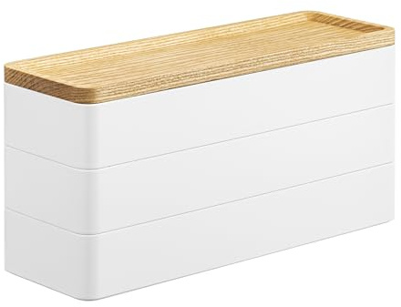 YAMAZAKI Rin 3-våningshylla med lock, vit | ABS-harts, trälock, filtdesignade skal, anpassningsbara skiljeväggar, 8 x 24 x 11,5 cm, japansk design