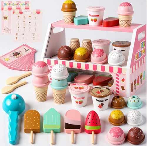 Lovchil Glacier en Bois pour Enfant, Glaciere Jouet avec Stand de Glace, Aliments en Bois, Aliments à Jouer, Jeu de Rôle Éducatif, Montessori, Cadeau pour garçons et Filles de 3 4 5 6 7 Ans, Noël