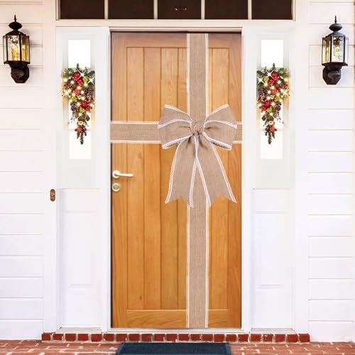 Sursurprise Christmas Decorations Bow for Door, Burlap Xmas Door Bow Large, Baby Shower Wedding Celebration, Wrapping for Window Fireplace Cabinet, Festive Season Home Kitchen Door Party Supplies