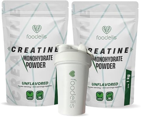 Foodelis Creatina monohidratada en polvo 2 kg + Shaker | 100% micronizada | Sin sabor | Pura sin aditivos | Vegana y No-GMO | Incluye dosificador | Alta solubilidad