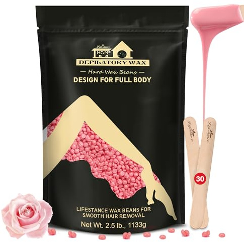 Lifestance Perlas de cera formuladas para principiantes, 1125 g, con 10 espátulas de madera para depilación, perlas de depilación de cera rosa para bikini, piernas y axilas