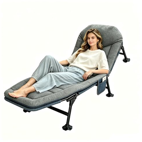 AONASRDI Lit de Camping Pliable XXL, Lit de Camp Pliant avec 6 Dossiers Réglables, Chaise Longue Pliable, Matelas et Poche Latérale Inclus, pour Intérieur, Extérieur, Jardin, Pêche (Gris B)