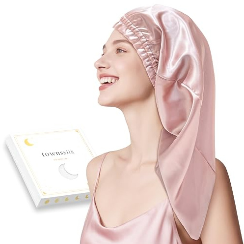townssilk Bonnet de nuit en soie, 100% mûrier 22 momme, pour femme, luxueux, respirant, tient bien toute la nuit & sans pression, idéal pour cheveux très longs et bouclés – DustyPink 80cm