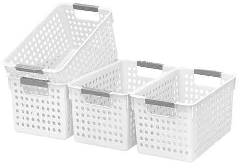 Soddeph 4 Pack Plastic Storage Basket with Handles, Small Deep Organizer Bin with Hollow Design for Under Counter, Shelf, Closet, Kitchen or Bathroom (White, Small)