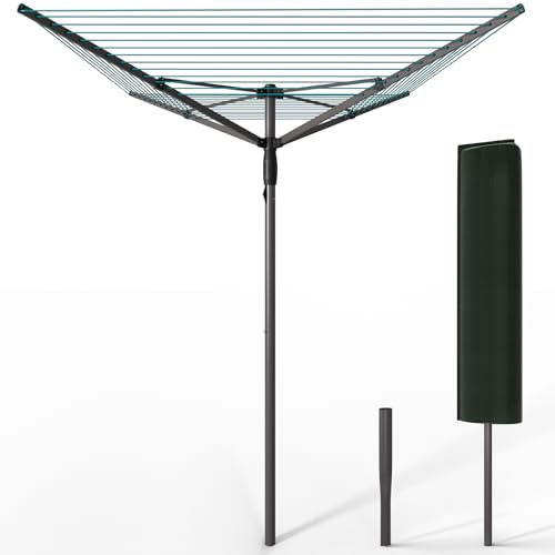 VOUNOT® Tendedero Giratorio 50M de Cuerda Secadora de Ropa Rotativa para Exteriores 4 Brazos Sistema Tipo Paraguas Línea de Lavado Plegable con Funda y Estaca para Jardín Al Aire Libre Gris/Azul