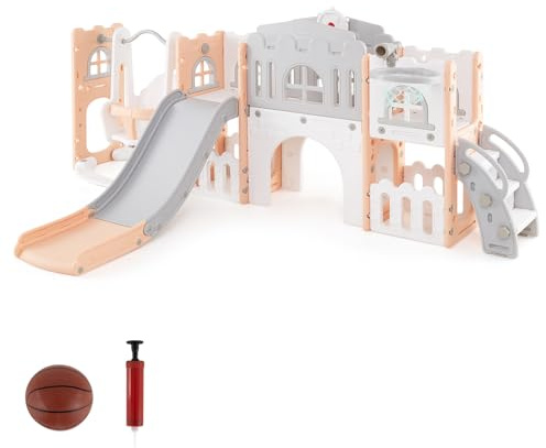 RELAX4LIFE 10 in 1 Scivolo per Bambini, Parco Giochi con Altalena, Canestro da Basket, Scala da Arrampicata e Tunnel, Giochi Montessori per Bambini 1 Anni + (Deluxe, Rosa+Grigio)