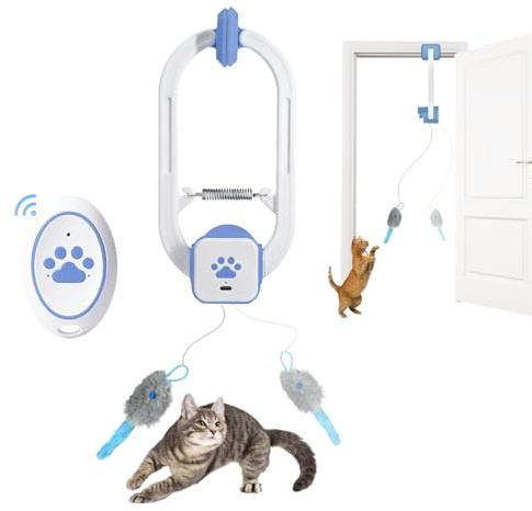 Jouet pour Chat Interactif Automatique, Jouet Électrique pour Chats d’Intérieur avec Télécommande, à Fixer au Cadre de Porte, USB Rechargeable, Rotation 360° et Mouvements Aléatoires (blue)
