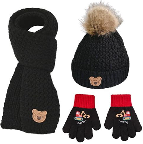 UJBVCX Gorro de Punto para Bebé, Bufanda Calentador de Cuello y Gorro de Invierno Cálido con Guantes, Niñas Invierno Bebe Gorros con Pompon y Bufanda de Punto Cuello
