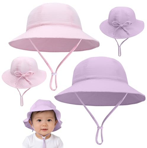 2 Pcs Baby Sun Hat Cotton Soft Bucket Hat Fishing Hats with Adjustable Bow Head Tie and Chin Strap for 0-24 Months Newborn Kids Girls Boys (Age 0-6 Months, Pink+Purple)