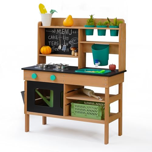 Wooden Mud Kitchen for Kids Outdoor - Outdoor Play Kitchen for Toddlers 3-8, Kids Play Kitchen with Real Working Faucet, Chalkboard & Accessories, Gardening Montessori Toys for Backyard & Garden