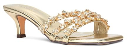 Women's Diamante Low Kitten Heel Mules Ladies Gold Slip On Sparkly Party Holiday Shoes Size 6