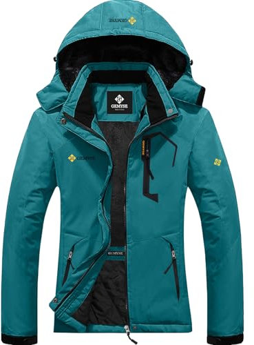 GEMYSE Damen Wasserdichte Berg-Skijacke Winddichte Skijacke Fleece Outdoor-Winterjacke mit Kapuze (Acid Blau,L)
