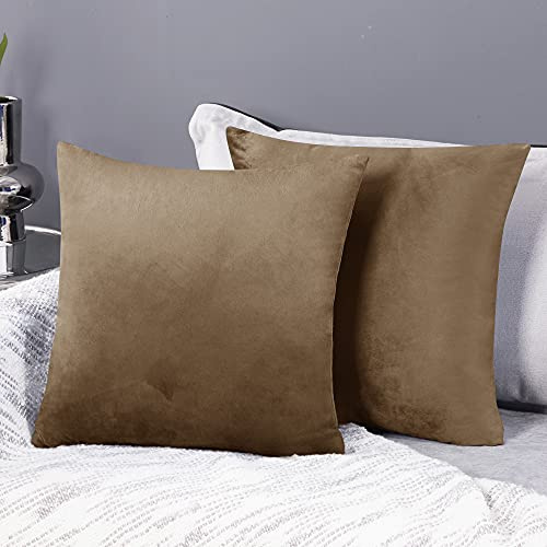 Deconovo Pack of 2 Super Soft Crushed Velvet Cushion Covers 55cm x 55cm 22x22 Inches Throw Pillow Cases Square Cushion Covers for Bedroom with Invisible Zipper Tobacco Brown 2 Pieces