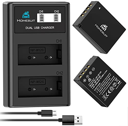Homesuit NP-W126 NP-W126S Battery 1400mAh and LCD Dual Charger for Fuji XT30II/XT30/XT20/XT10/X100V/X100VI/X100F/X-T3/X-T2/X-T1/XA1/XA2/XA3/X-E3/X-E2/X-E1/X-H1/X-M1/Xpro3/Xpro2/Xpro1 (2 Pack)