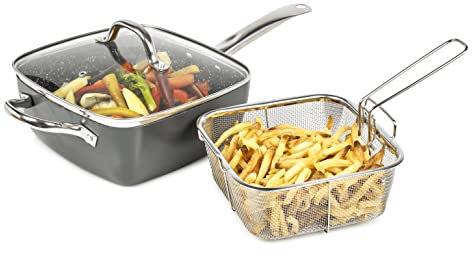 Homiu Frying Pan All-in-One Grey Stone Effect Multi-Purpose Four-Piece Set Non-Stick Multi-Use Stain Resistant Perfect as a Chip Pan, for Frying and a Rice Cooker