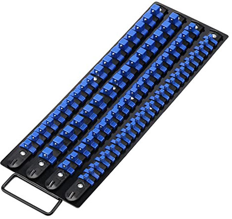 CASOMAN 80-Piece Heavy Duty Socket Organizer Tray, 1/4-Inch, 3/8-Inch, 1/2-Inch,Premium Quality Socket Holders,Black Rails with Blue Clips, Best Unique Tool Gift for Men