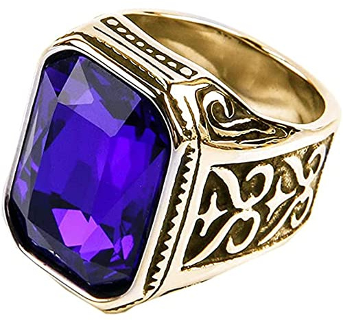 HIJONES Herren Big Square Stone (Cz) Ringe aus Vintage-Edelstahl Gothic-Biker-Bands Gold Schwarz-Lila Edelstein Größe 68 (21.6)