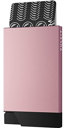 VULKIT Porte Carte Homme ou Femme Metallique Portes Cartes Bancaires Sécurisé Slim Porte Carte de Credits RFID Étui Rigide Pop Up pour 6-8 Cartes, Or Rose