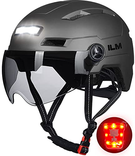 ILM Fahrradhelm mit Visier und LED Licht Mountain&Road Fahrradhelme für Damen und Herren Fahrradhelm für Pendeln in der Stadt E3-10L,Grau S-M