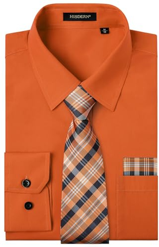 HISDERN Camisa Hombre Naranja Manga Larga Formal Camisas y Corbata Elegante Camisa de Vestir de Negocios Boda con Bolsillo Regular Fit XXL