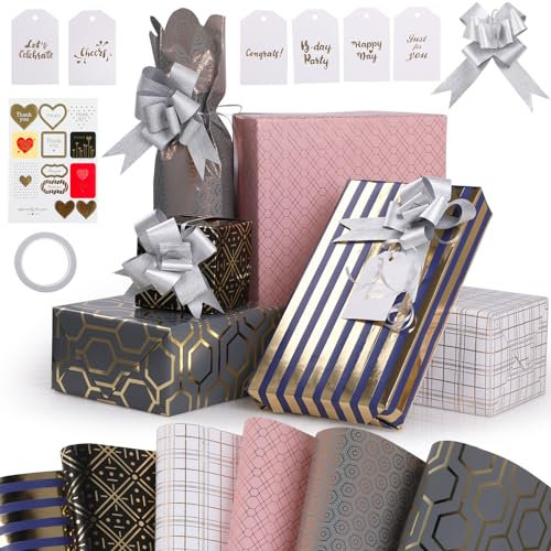 Geschenkpapier,GeeRic 6 Bögen Papierdrachen 70x50cm,Geschenkpapier Geburtstag, Geschenkverpackung für Geburtstag, Weihnachten, Valentinstag + Aufkleber + 6 Etiketten + 6 Geschenk Schleife