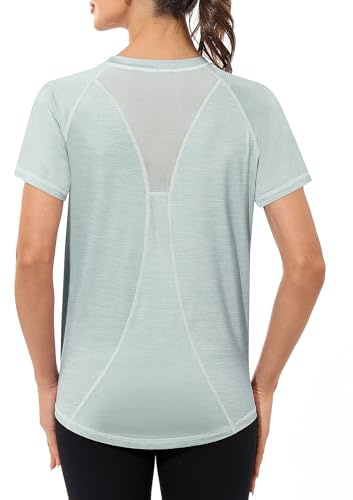 Gyabnw Camiseta Deportiva para Mujer, Camiseta de Manga Corta, Camiseta de Entrenamiento, Rápido Camisetas de Malla Mujer Yoga Fitness Top Ropa Deportiva Entrenamiento Atlético Verdes