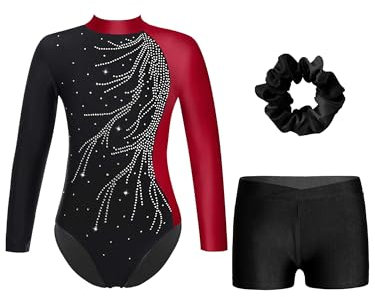 iiniim Mädchen Turnanzug Glitzer Gymnastikanzug mit Shorts Haarband Trikotanzug Langarm Gymnastik Leotard Wettbewerb Tanzkostüm Weinrot&Schwarz 146-152