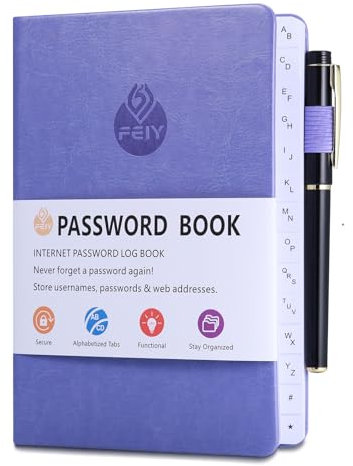 JIANTA Passwortbuch, Passwortbuch mit Register A-Z, und Gelstifte, Organizer für Websites, Benutzernamen und Passwörtern, Platz für 480 Passwörter, mit Stiftschlaufe, Gummiband, Innentasche(Lila)