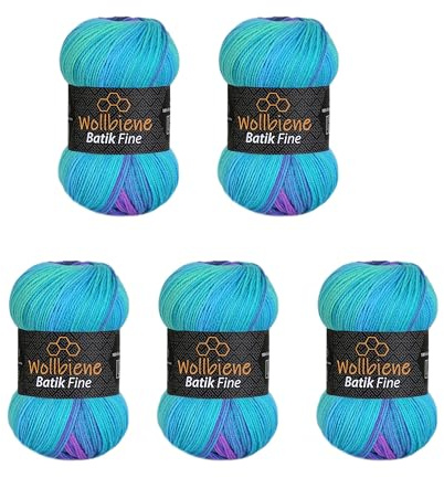 Wollbiene Batik Fine - 5 ovillos de 100 g de lana para tejer con degradado multicolor, 500 gramos, multicolor (1500 lila turquesa)