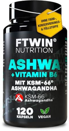 FTWIN® Nutrition Ashwagandha | KSM-66® Premium Rohstoff | 120 Kapseln für 2 Monate | Vegan | Ohne Farb-, Konservierungs- und Füllstoffe | Laborgeprüfte Qualität