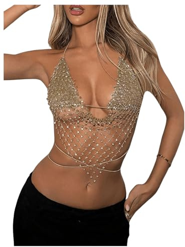 SweatyRocks Women's Glitter Rhinestone Criss Cross Halter Tops Backless Sleeveless Asymmetrical Party Crop Tops Gold Small