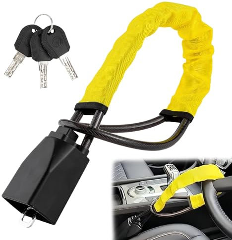 OHVBAEON Steering Wheel Lock,Car Steering Wheel to Seat Belt Locks,Heavy Duty Universal Steering Locks High Visibility Car Lock Anti-Theft Device,3Keys (Yellow)