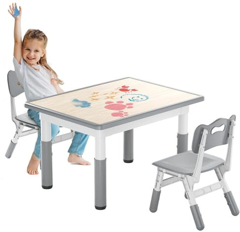 Kidsgigglz Kindertisch mit 2 Stühlen, Kindersitzgruppe Höhenverstellbarer aus HDPE & ABS, Multifunktionaler Spieltisch für Kinder ab 2-10 Jahren, Ergonomisch Tisch Stuhl Set für Kinderzimmer, 60*60cm