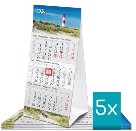 Timr calendario da tavolo 2026 piccolo da posizionare – calendario 3 mesi con cursore – calendario per scrivania – motivo faro – confezione da 5 I tr373